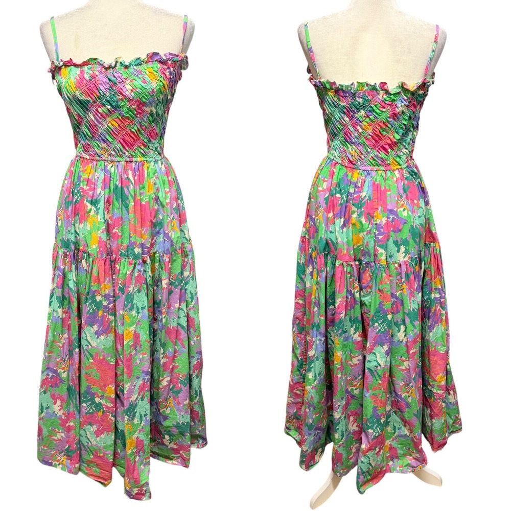 Peach Love Smocked Dress Womens M Multicolor Tiered Maxi Abstract Feminine